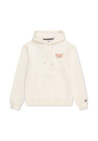 Felpa bianca realizzata in misto cotone, con tasca frontale a marsupio, cappuccio regolabile con laccio e testo ricamato rosso sul petto. Logo Fila sulla manica.