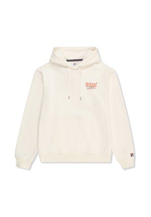 Witte hoodie van een katoenmix, met een voorzak, een capuchon met trekkoord en rode geborduurde tekst op de borst. Fila-logo op de mouw.