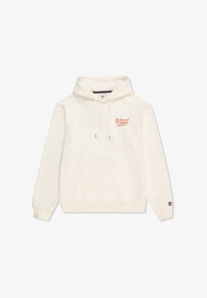 Valkoinen huppari, joka on valmistettu puuvillasekoitteesta. Siinä on etutasku, nyöri hoodsissa ja punainen brodeerattu teksti rinnassa. Fila-logo hihassa.