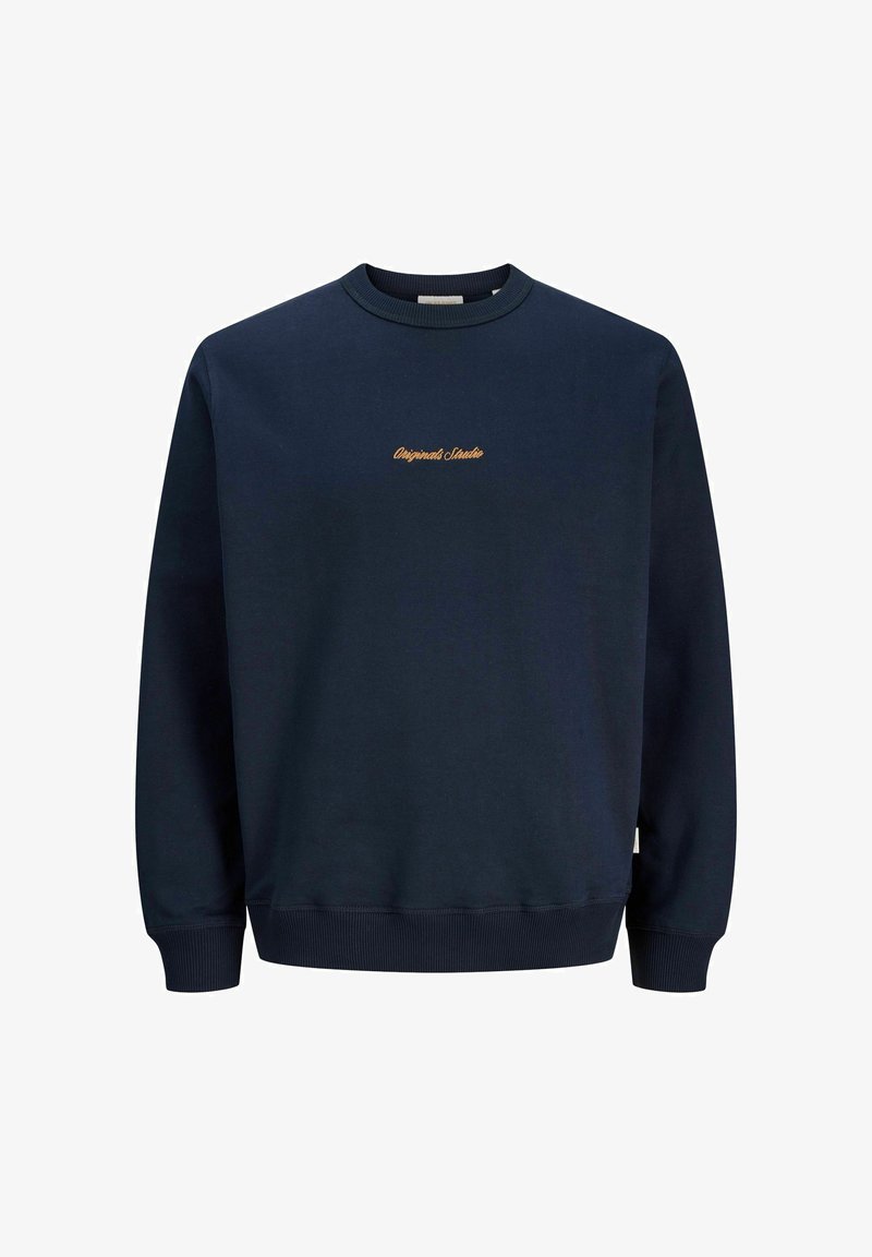 Sweatshirt bleu marine en coton doux, avec des manches longues, un col côtelé et un logo brodé en or à l'avant.