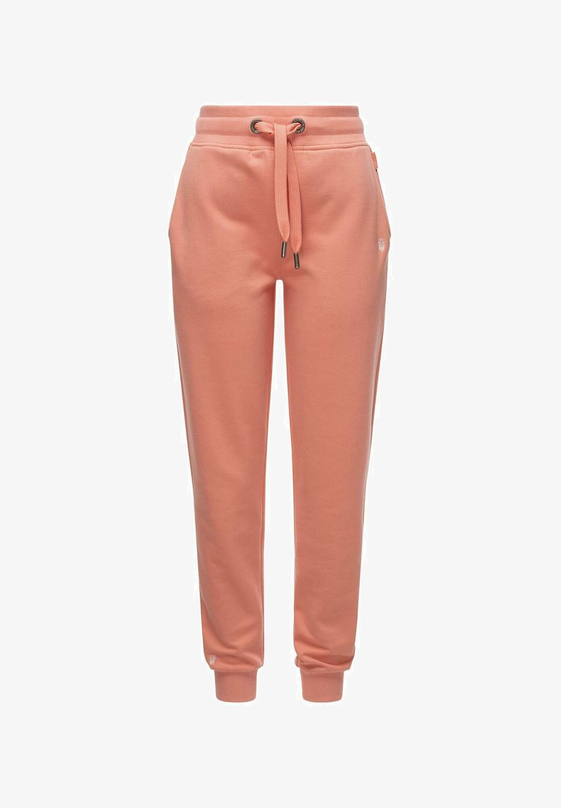 Pink sweatpants made of soft fabric, featuring an elastic waistband, drawstring, side pockets, and elastic cuffs at the ankles.