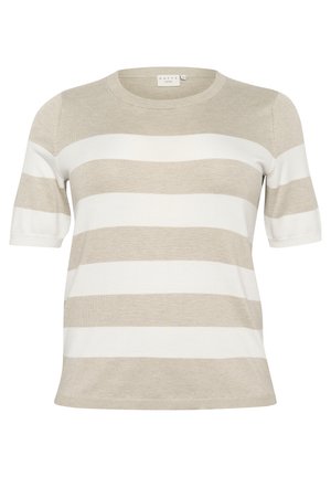 Beige a bíle pruhované krátkosrsté svetr. Měkká pletenina, kulatý výstřih, žebrované manžety a lem. Volný střih.