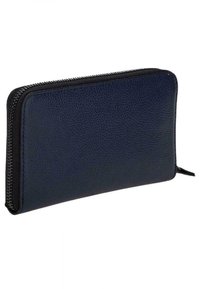 Portafoglio in pelle blu navy con superficie texturizzata, dotato di zip nera e design slim e rettangolare.