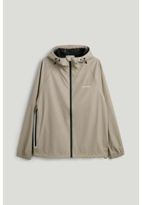 Beige vandtæt jakke med hætte, foran lynlås, elastiske manchetter og lynlåslomme i siden, mærket "Tretorn" på brystet.