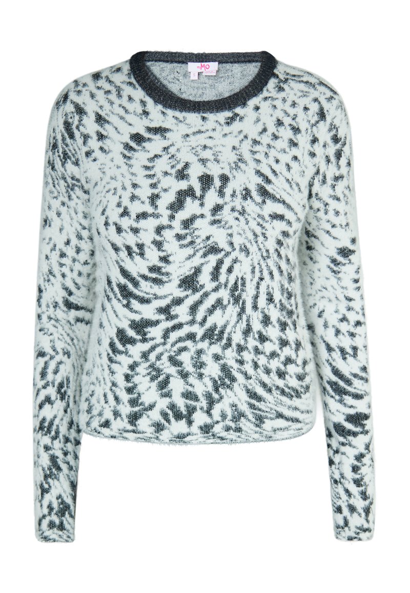 Strukturierter Pullover in Hellgrau mit einem wirbelnden schwarzen Muster. Er verfügt über einen Rundhalsausschnitt und lange Ärmel und besteht aus weichem, flauschigem Material.