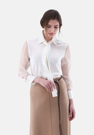 Weiße Bluse mit durchsichtigen Ärmeln und einem gebundenen Band am Kragen, kombiniert mit einem braunen Rock mit seitlichem Reißverschluss.