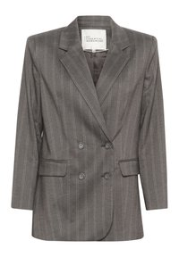 Blazer grigio doppiopetto con righe bianche verticali. Presenta revers a punta, due tasche frontali e orlo arrotondato. Realizzato in tessuto testurizzato.