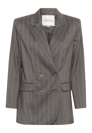Blazer grigio doppiopetto con righe bianche verticali. Presenta revers a punta, due tasche frontali e orlo arrotondato. Realizzato in tessuto testurizzato.