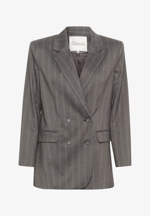 Grå dubbelknäppt blazer med vertikala vita ränder. Har urtagna slag, två framfickor och rundad nederkant. Tillverkad av strukturerad tyg.