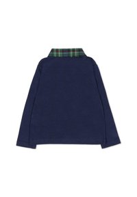 Granatowa koszula z długim rękawem z zielonym, czerwonym i niebieskim kołnierzem w kratę. Gładka tkanina, luźny krój, z prostym dołem i bez graficznych zdobień.