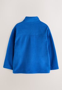 Blue fleece pullover with a mock neck, long sleeves, and a smooth texture. Visible stitching detail across the back and hem.