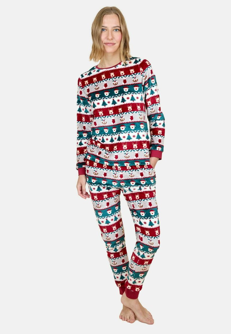 Rood en teal kerstthemed pyjama set met een lange mouw top en een broek. De stof heeft een zachte textuur met leuke patronen van sneeuwmannen en rendieren.