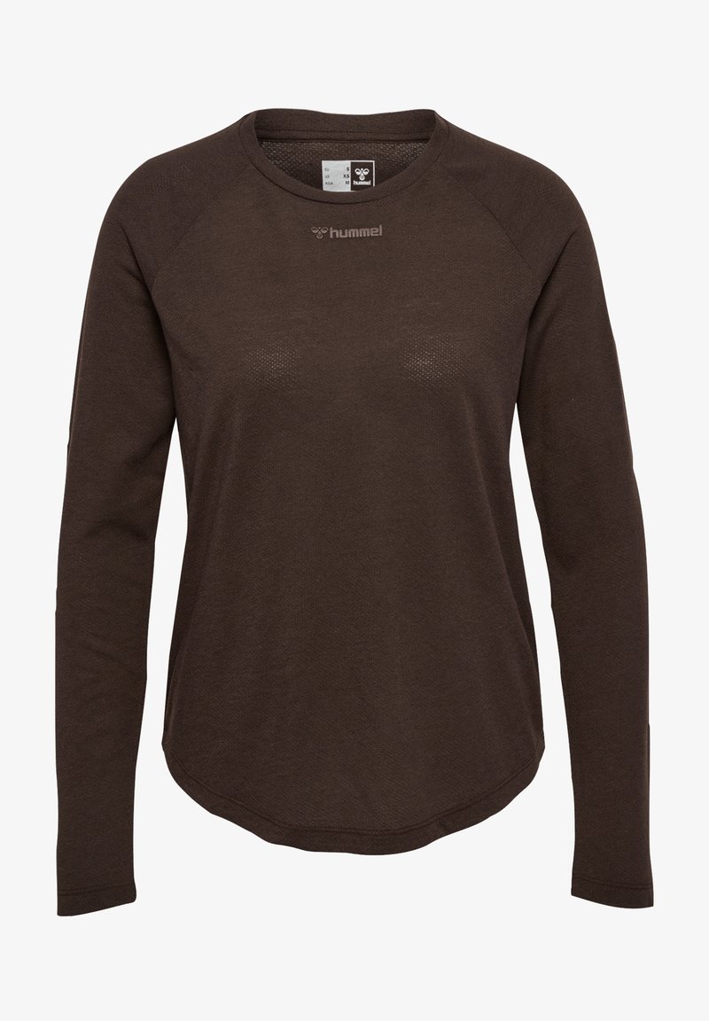 Brown long-sleeve shirt with a round neck, textured fabric, raglan sleeves, and visible logo on the chest. Smooth finish and casual design.