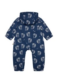 Navyblauer Einteiler mit weißen Waschbärmustern, Kapuze, elastischen Bündchen und Reißverschluss. Hergestellt aus strapazierfähigem, wasserabweisendem Stoff.