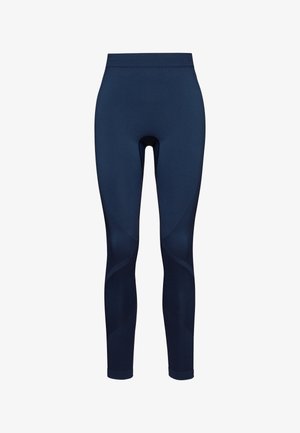 Granatowe legginsy sportowe o dopasowanym kroju, wysokim stanie i teksturowanych panelach po bokach, wykonane z gładkiego, elastycznego materiału.