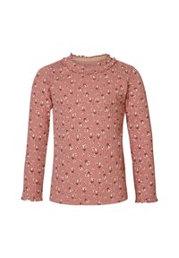 Długi rękaw, prążkowany top w kolorze przybrudzonego różu z białym i burgundowym wzorem kwiatowym. Zawiera falbaniasty dekolt oraz falbany na mankietach.