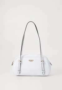 Bolso de mano de cuero blanco con detalles dorados en el logo, doble asa para el hombro, forma redondeada y cierre de cremallera. Textura suave, diseño minimalista.