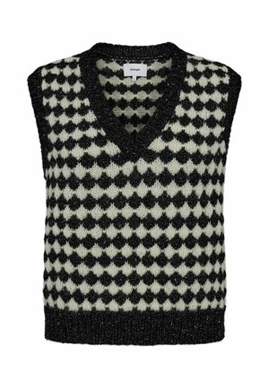 Juoda ir balta be rankovių megztinis su V formos iškirpte, turintis rombų raštą ir tekstūruotą mezgimą, akcentuotas tvirtu juodu apvadu.