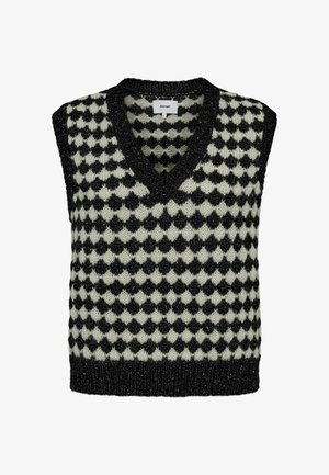 Black and white sleeveless sweater with a V-neck, featuring a diamond pattern and textured knit, accented by a solid black hem.