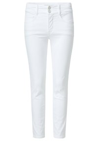 Bílé skinny džínsy z denimu s hladkou texturou, které mají dvě přední kapsy, dvoubottoní zapínání a tapered střih nohavic.