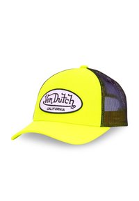 Gorra de béisbol amarilla neón con parte trasera de malla negra. Cuenta con un parche blanco que dice "Von Dutch" y "California" en letras negras.