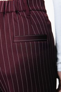 Burgundske hlače s črtastim vzorcem in teksturirano tkanino. Imajo zadnji žep s horizontalnim preklopom in elastični pas.