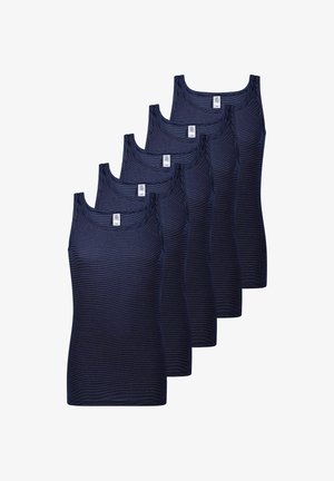 Débardeur à rayures marines et slip assorti, en tissu doux. Le débardeur présente de larges bretelles et une coupe ajustée, mettant en valeur une silhouette musclée.