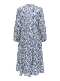 Robe à manches longues, longueur genoux, motif floral bleu et blanc, encolure arrondie et jupe ample à étages vue de dos.