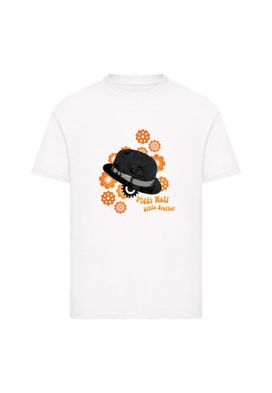 White t-shirt featuring a black hat graphic with a striped band, surrounded by orange gear illustrations and text that reads "Viddy Hell little Brother."