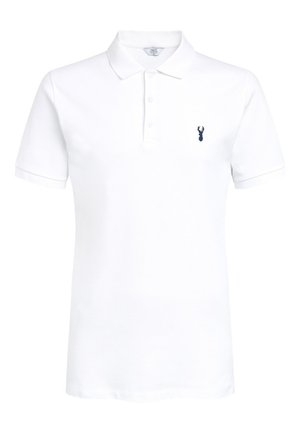 Weißes Poloshirt mit klassischem Kragen, drei Knöpfen und kurzen Ärmeln. Mit kleinem dunkelblauen Hummer-Logo auf der linken Brust.