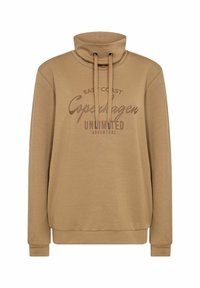 Bruine sweatshirt met een hoge hals, voorzien van aantrekkoorden en een bedrukte graphic met de tekst "EAST COAST Copenhagen UNLIMITED ADVENTURE."