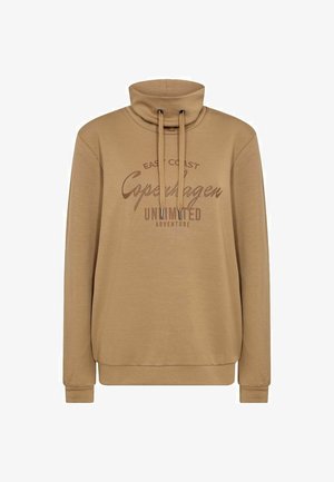 Brown sweatshirt with a high neck, featuring drawstrings and a printed graphic that reads "EAST COAST Copenhagen UNLIMITED ADVENTURE."