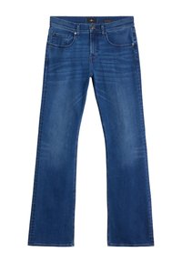 Niebieskie dżinsy z prostą nogawką, z podwyższonym stanem, przednimi kieszeniami i subtelnym blaknięciem. Wykończone gładką fakturą.