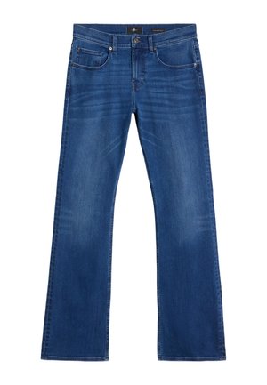 Jean en denim bleu avec une coupe droite, taille mi-haute, poches avant et décoloration subtile. Fini avec une texture lisse.