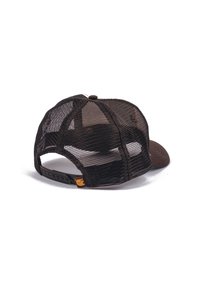 Brown mesh trucker cap with a solid brown front panel and adjustable snapback closure. Features a prominent logo tag on the side.