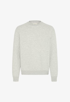 Szürke pamut pulóver kerek nyakkal, bordás mandzsettákkal és szegéllyel. Simaságot és textúrát kínál, minta vagy díszítés nélkül.