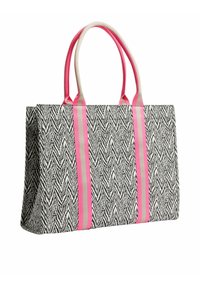 Černobílá taška s vroubkovaným vzorem a dvěma růžovými pruhy, s dlouhými uchy pro snadné nošení. Texturovaný tkaný materiál.