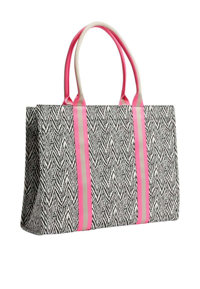 Černobílá taška s vroubkovaným vzorem a dvěma růžovými pruhy, s dlouhými uchy pro snadné nošení. Texturovaný tkaný materiál.