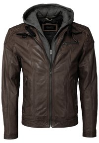 Braune Lederjacke mit grauem Kapuzen, durchgehendem Reißverschluss und mehreren Taschen. Sie verfügt über strukturiertes Leder, kontrastierende Stoffauskleidung und gestickte Akzente.