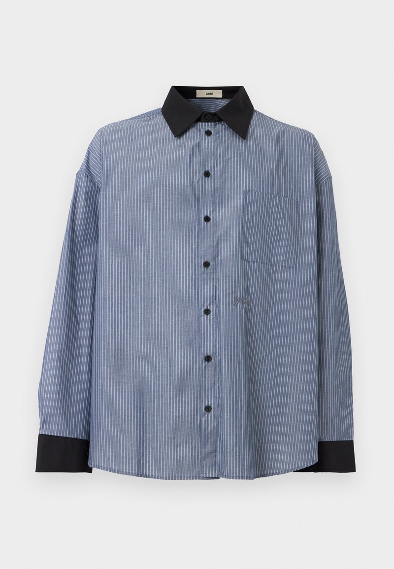 Blue pinstriped button-up shirt with black collar and cuffs, front chest pocket, and black buttons down the center.