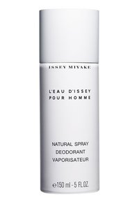 White cylindrical deodorant container with a matte finish, featuring black text and a silver spray nozzle. 150 ml capacity.