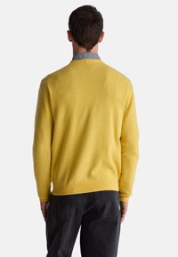 Žlutý vlněný svetr s kulatým výstřihem, žebrovaným lemem a dlouhými rukávy. Nositelný přes modrobíle kostkovanou košili, kombinován s tmavými kalhotami.