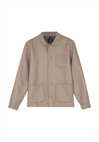 Veste en laine beige avec un col, des boutons à l'avant, deux poches avant et une doublure intérieure à carreaux. Texture douce, coupe décontractée.