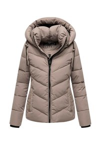 Leichter beiger Pufferjacke mit durchgehendem Reißverschluss, hohem Kragen und abnehmbarer Kapuze. Strukturiertes Zickzackmuster über den gesamten Stoff.
