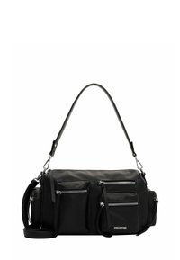 Black leather shoulder bag with multiple front zip pockets and adjustable straps, compact rectangular shape.