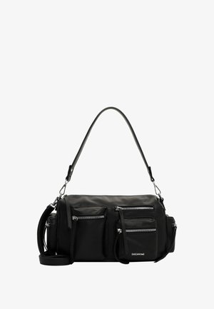 Must musta õlakott mitme esipocketiga ja reguleeritavate rihmadega, kompaktne ristkülikukujuline kuju.