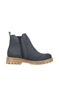 Bottine noire à cheville avec fermeture éclair latérale et semelle en caoutchouc épaisse couleur fauve, conçue pour un port en extérieur et un maintien facile.