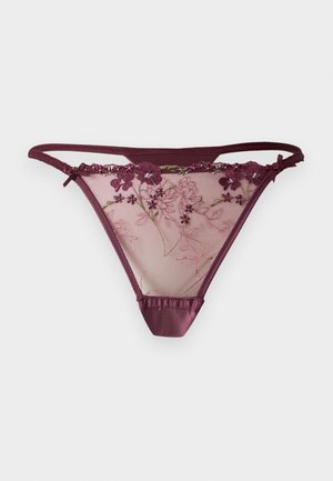 Transparenter burgunderfarbener String mit Blumenstickerei, satinierter Vorderpartie und kleinen Seitenschleifen vor weißem Hintergrund.