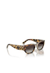 Gafas de sol de carey con lentes gris oscuro. Diseño angular y de gran tamaño con patillas anchas que presentan el logo "vogue". Textura de plástico suave.