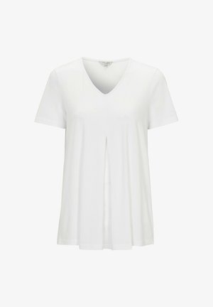 Hvid kortærmet T-shirt med V-hals og en central plissering, lavet af et blødt, glat stof med en afslappet pasform.